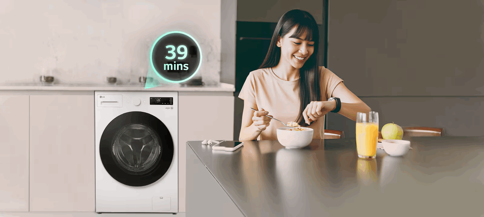 Máy giặt cửa trước LG màu trắng với chương trình giặt nhanh 39 phút trong căn bếp hiện đại
